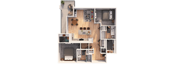A top-down view of a house layout with a living room, kitchen, dining area, and bedrooms.