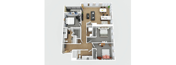 A top-down view of a small apartment with a kitchen, living room, and bedroom.