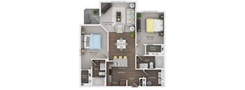 A floor plan of a small apartment with a living room, two bedrooms, a kitchen, and a bathroom.