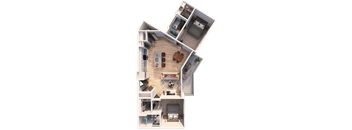 A 3D floor plan of a house showing a living room, kitchen, and two bedrooms.