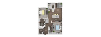 A floor plan of a small apartment with a living room, kitchen, and two bedrooms.