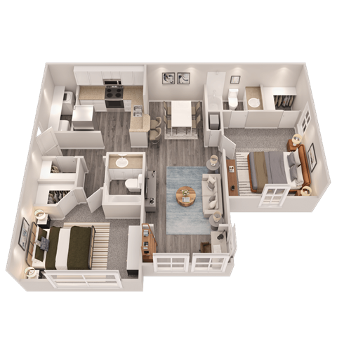 A 3D rendered image of a house layout.