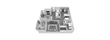 A 3D floor plan of a house showing a living room, kitchen, dining room, and bedrooms.
