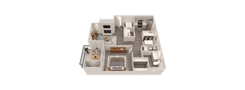 A 3D floor plan of a house showing a living room, kitchen, dining room, and bedrooms.