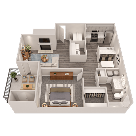 A 3D floor plan of a house showing a living room, kitchen, dining room, and bedrooms.