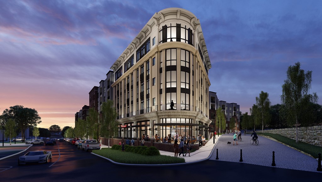 a rendering of a building on the corner of a city street