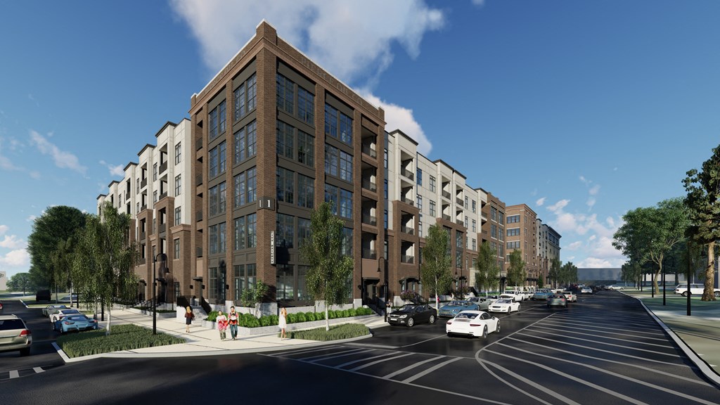 a rendering of an apartment building on the corner of a city street