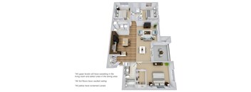 A diagram of a house with a living room, dining area, and kitchen.