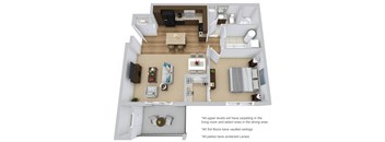 A 3D floor plan of a house with a living room, dining area, kitchen, and bedrooms.