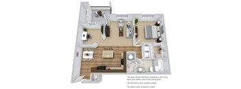 A 3D floor plan of a house with a living room, dining area, and bedrooms.