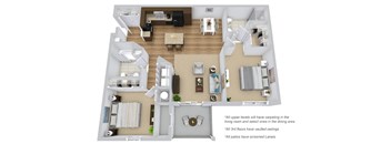 A 3D floor plan of a house with a living room, dining area, kitchen, and bedrooms.