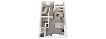 A top down view of a small apartment with a bedroom, living room, and kitchen.