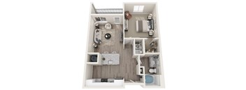 A top-down view of a small apartment with a kitchen, living room, and bathroom.