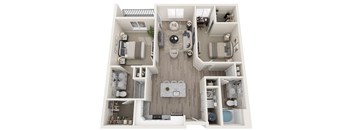 A top-down view of a small apartment with a kitchen, living room, and bathroom.