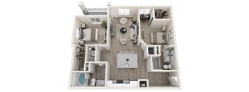 A top-down view of a modern, well-organized apartment with a central living area, kitchen, and bedrooms.