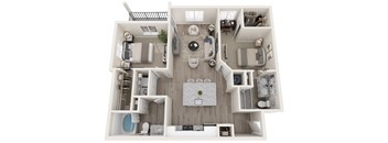 A top-down view of a modern, minimalist apartment with a central living area, two bedrooms, and a bathroom.