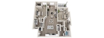 A top-down view of a small apartment with a kitchen, living room, and bathroom.