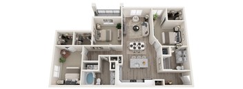 A top-down view of a modern apartment layout with a kitchen, living room, and bedrooms.