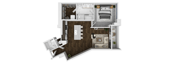 A 3D floor plan of a small apartment with a bedroom, living room, and kitchen.