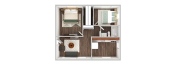 A top down view of a small apartment with a bed, desk, and kitchen area.