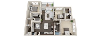 A 3D floor plan of a small apartment with a kitchen, living room, and bedrooms.