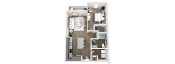 A top-down view of a modern apartment layout with a kitchen, living room, and bedroom.