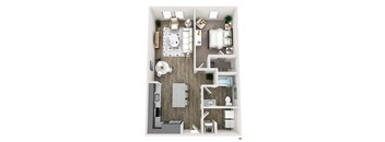 A 3D floor plan of a small apartment with a kitchen, living room, and bathroom.