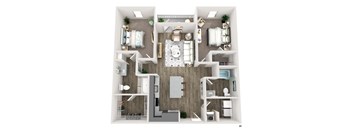 A top-down view of a modern apartment layout with a living room, kitchen, and bedrooms.