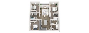 A top-down view of a small apartment with a living room, kitchen, and bedrooms.