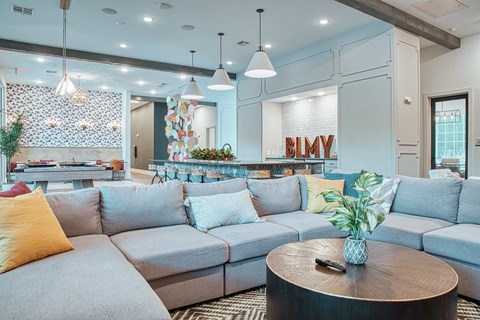 A living room with a grey sofa and a coffee table with a pineapple on it.