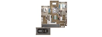 3d floor plan of a residence with a car in the living room