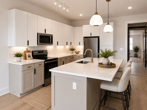 A modern kitchen with a white island and a black refrigerator.