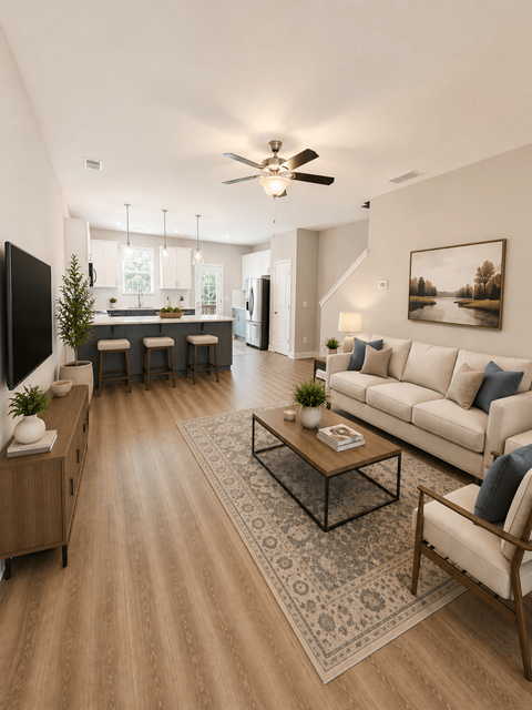 A living room with a television, a couch, and a coffee table.