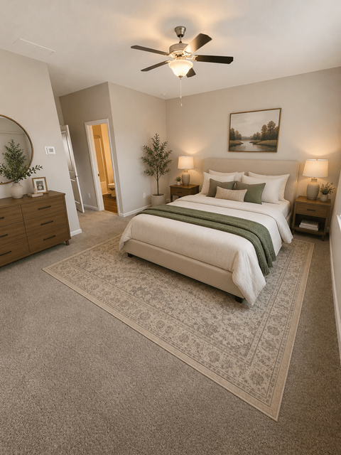 A bedroom with a large bed, a ceiling fan, and a painting on the wall.