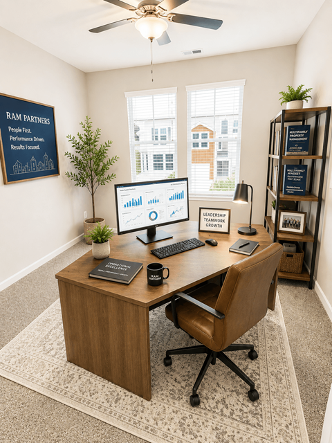 A room with a desk, chair, and computer monitor.