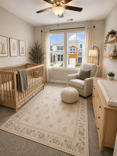 A baby's room with a crib, a chair, and a rug.