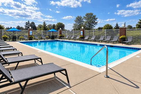 A pool surrounded by lounge chairs and umbrellas.
