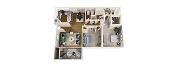 A top down view of a house layout with a kitchen, living room, dining room, and bathroom.