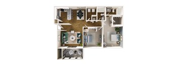 A top-down view of a small apartment layout with a kitchen, living room, and bathroom.