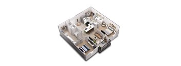 A 3D floor plan of a house with a kitchen, living room, and bedrooms.