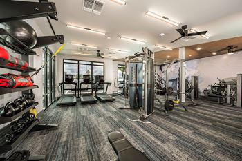 a gym with cardio equipment and weights on the walls and a glass window