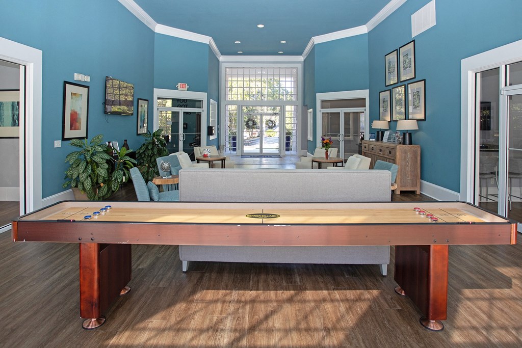 a game room with a pool table and couches
