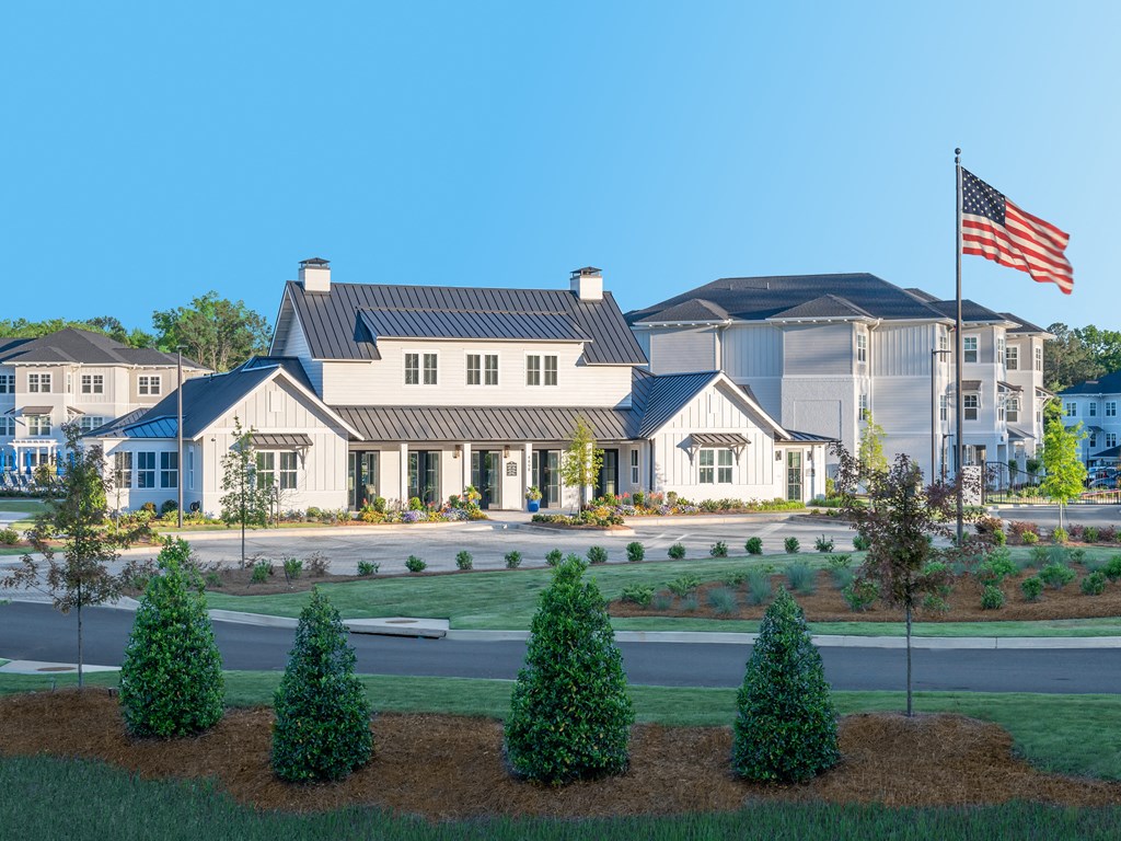 a rendering of a building with an flag in front of it