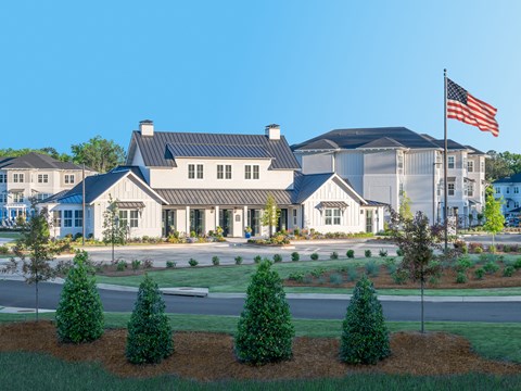 a rendering of a building with an flag in front of it