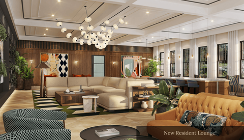 A modern resident lounge with a variety of seating options and a chandelier.