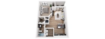 A top-down view of a small apartment with a bedroom, living room, kitchen, and bathroom.