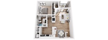 A top-down view of a modern apartment layout with a living room, kitchen, and bedrooms.