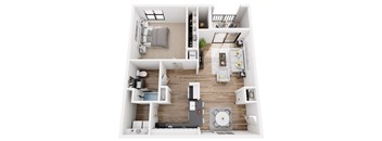A top-down view of a modern apartment layout with a kitchen, living room, and bedroom.