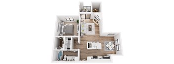 A top-down view of a modern apartment layout with a living room, kitchen, and bedrooms.