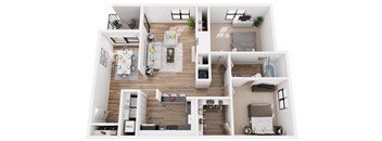 A top-down view of a modern apartment layout with a kitchen, living room, and bedrooms.